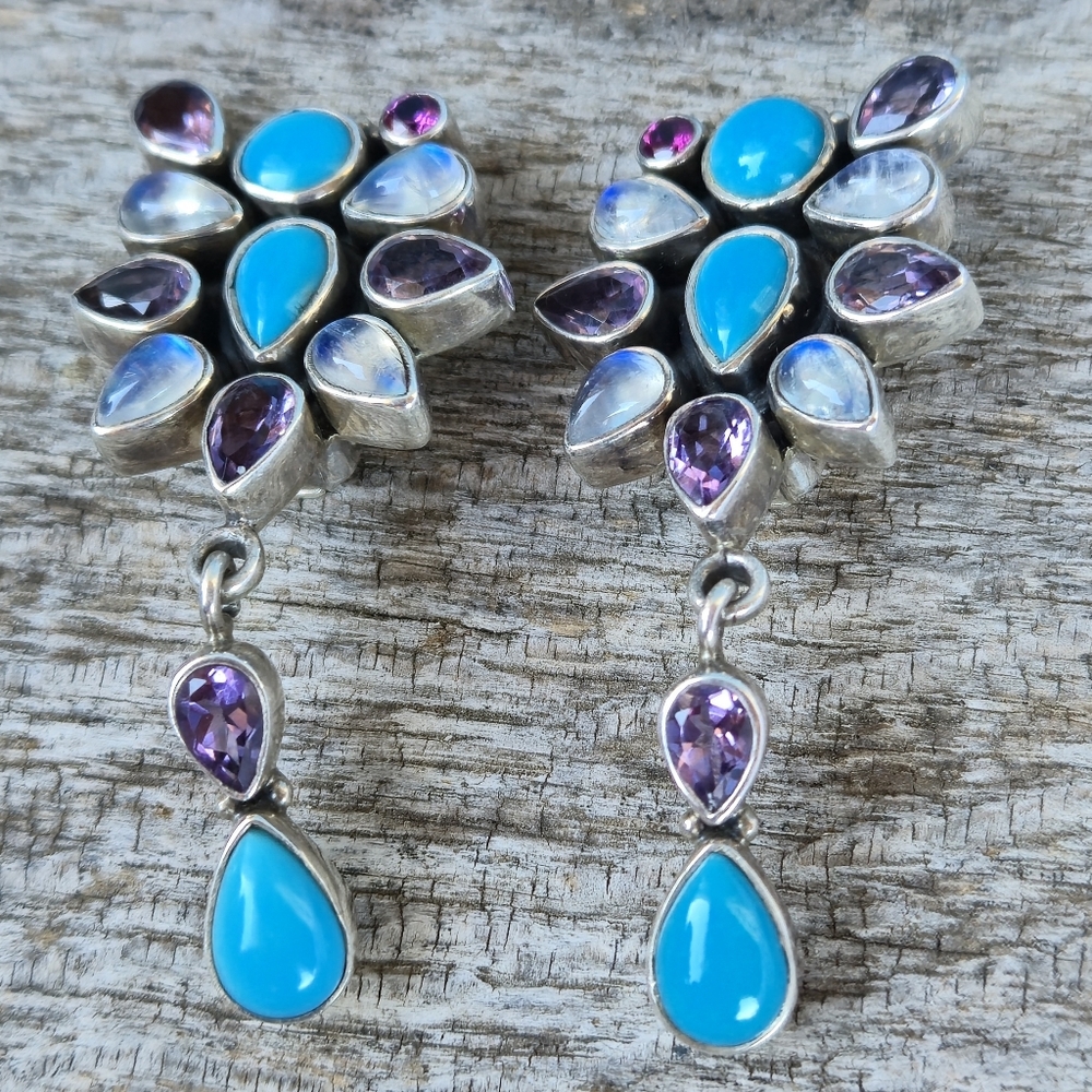 Nicky Butler 925 Sterling Silver Clip-on Turquoise Moonstone Amethyst Earrings - Picture 9 of 15